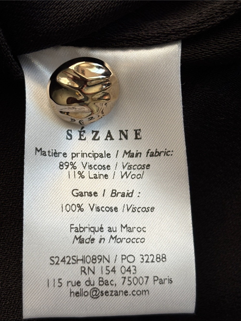 Sézane Chemise Romine Blouse Black Button Front Gold Buttons NWT FR 34 US 2 - Picture 9 of 9